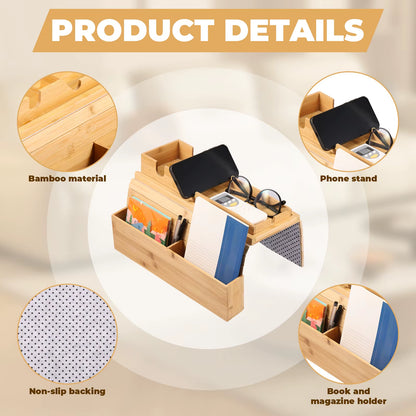 Couch Cup Holder Bamboo Sofa Armrest Tray Foldable Anti-Slip with Side Storage Pocket Remote Control Cups Snack Organizer