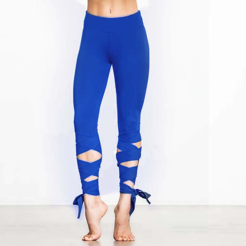 Women Ballerina Yoga Pants Bandage Leggings Fitnesss Running High Waist Leggings Side Cross Straps Sports Pants P1612