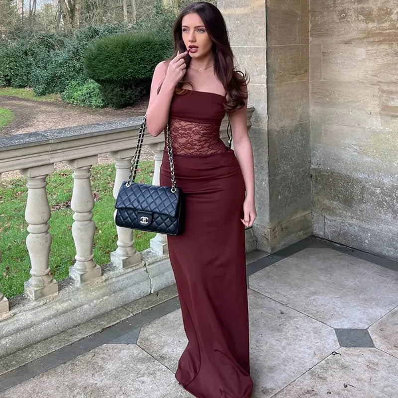 Spring Lace Long Dress Women'S Solid Spaghetti Straps Backless See through Long Dress Sexy High Waist Vintage Dresses