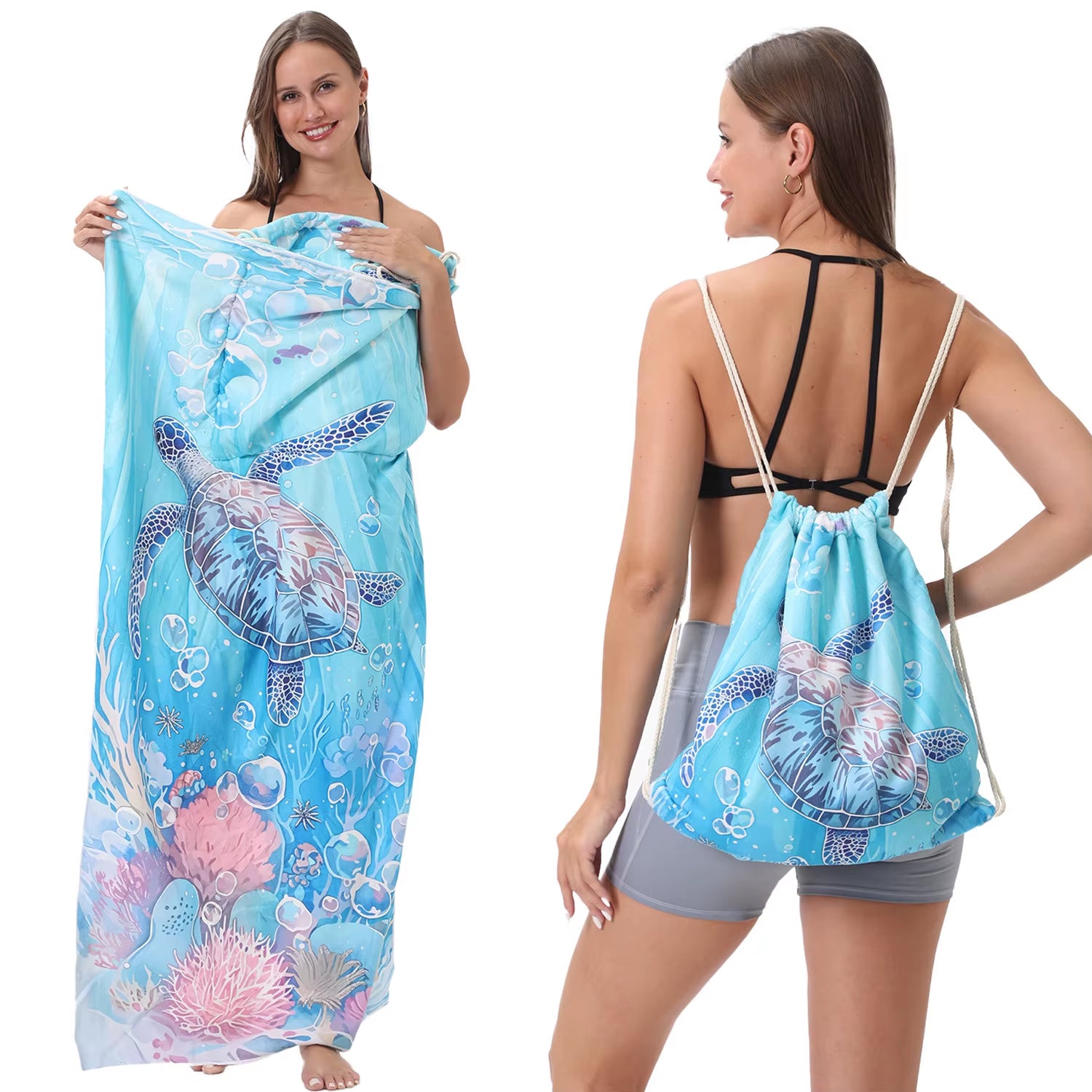 Fashion 2-In-1 Foldable Beach Towel with Integrated Bag Printed Bath Towel for Storage Portable Beach Accessory