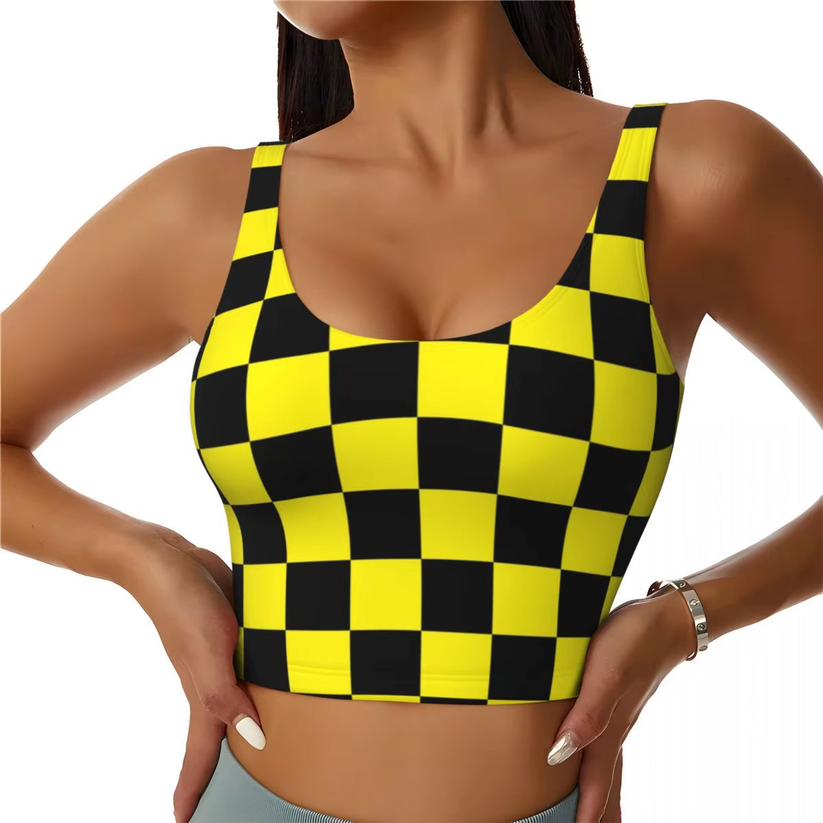 Custom Yellow Black Checkered Pattern Workout Crop Tank Tops Women Seamless Yoga Running Sports Bras