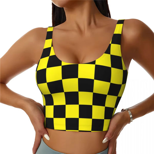 Custom Yellow Black Checkered Pattern Workout Crop Tank Tops Women Seamless Yoga Running Sports Bras