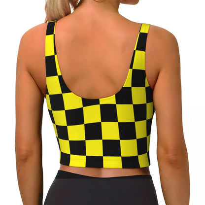 Custom Yellow Black Checkered Pattern Workout Crop Tank Tops Women Seamless Yoga Running Sports Bras