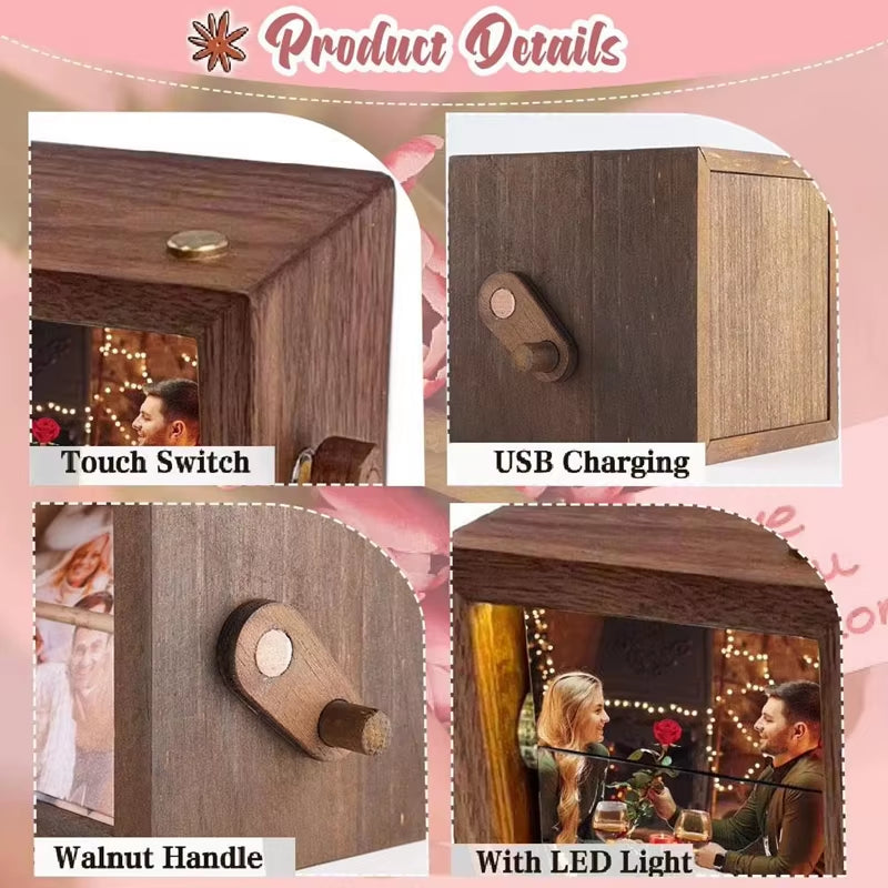 Hand-Cranked Flip Book Photo Frame Solid Wood Mini Animation Album with Night Light Desktop Ornament Gift for Couples Family