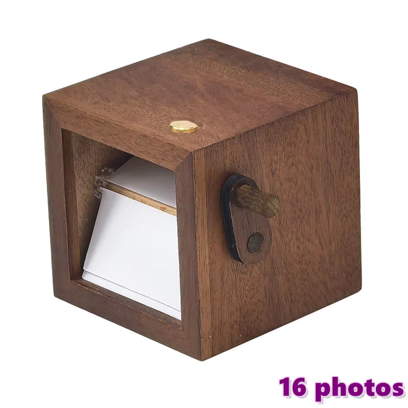 Hand-Cranked Flip Book Photo Frame Solid Wood Mini Animation Album with Night Light Desktop Ornament Gift for Couples Family