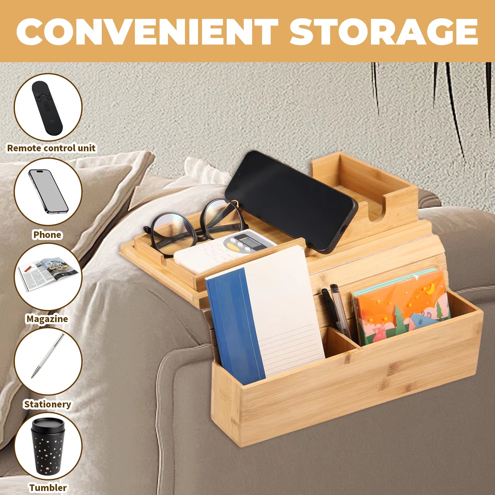 Couch Cup Holder Bamboo Sofa Armrest Tray Foldable Anti-Slip with Side Storage Pocket Remote Control Cups Snack Organizer